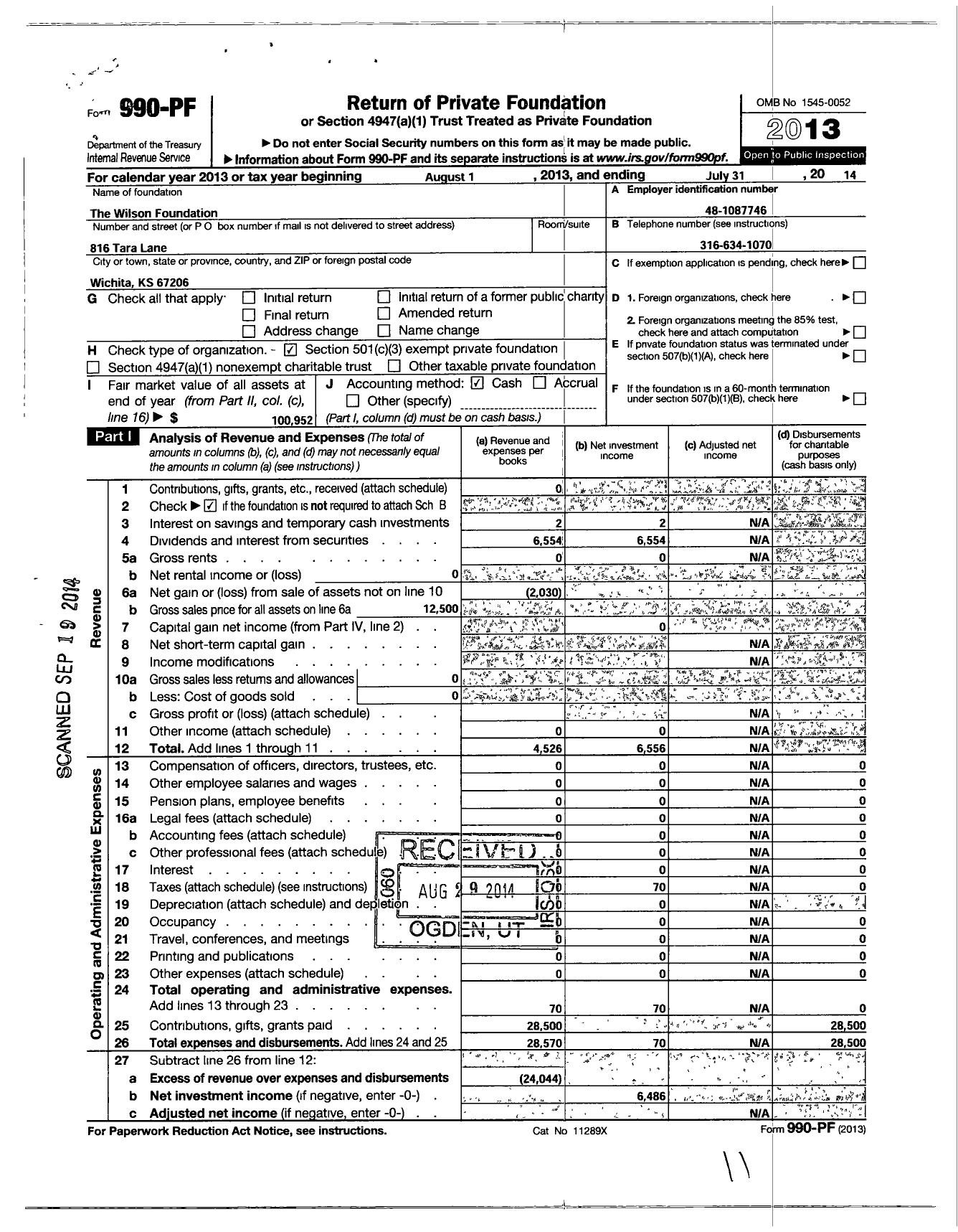 Image of first page of 2013 Form 990PF for The Wilson Foundation