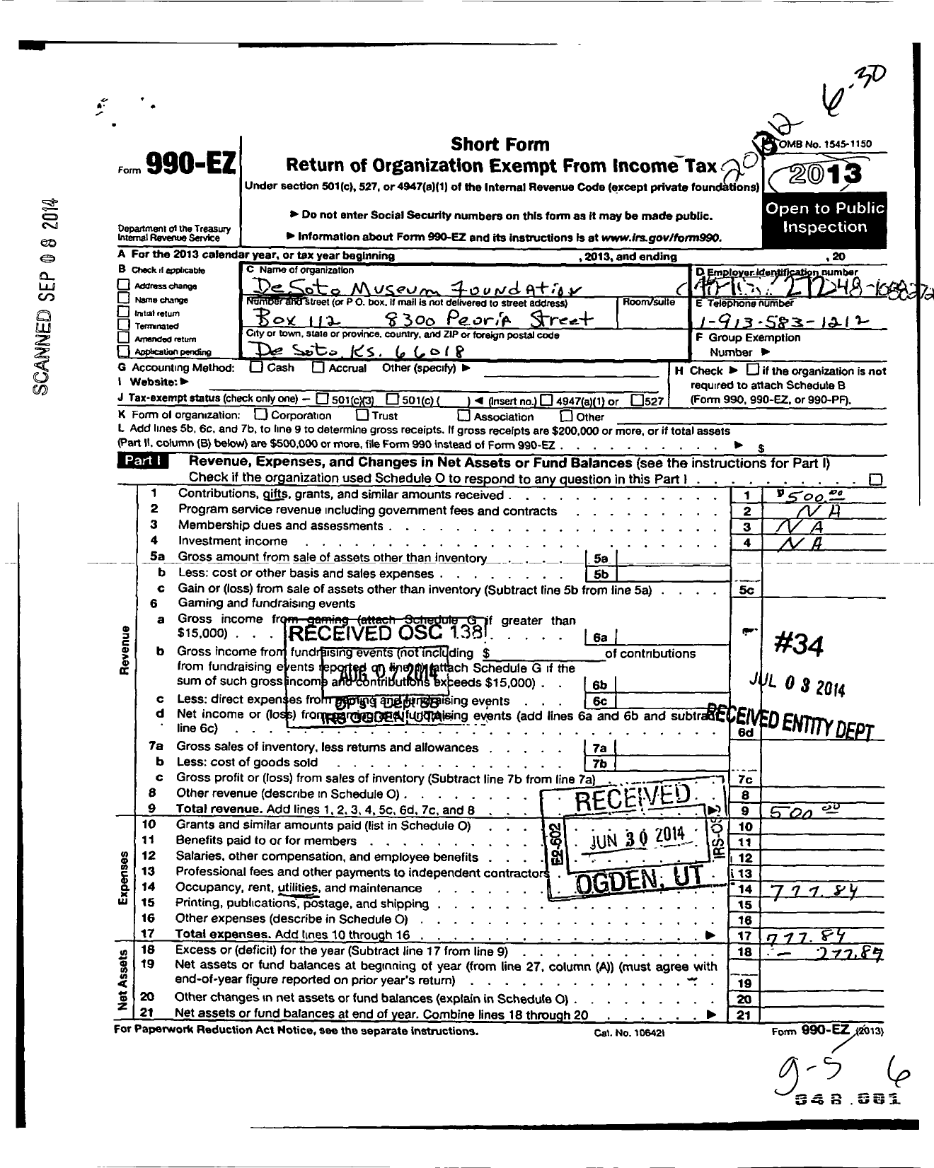 Image of first page of 2013 Form 990EO for Desoto Museum Foundation