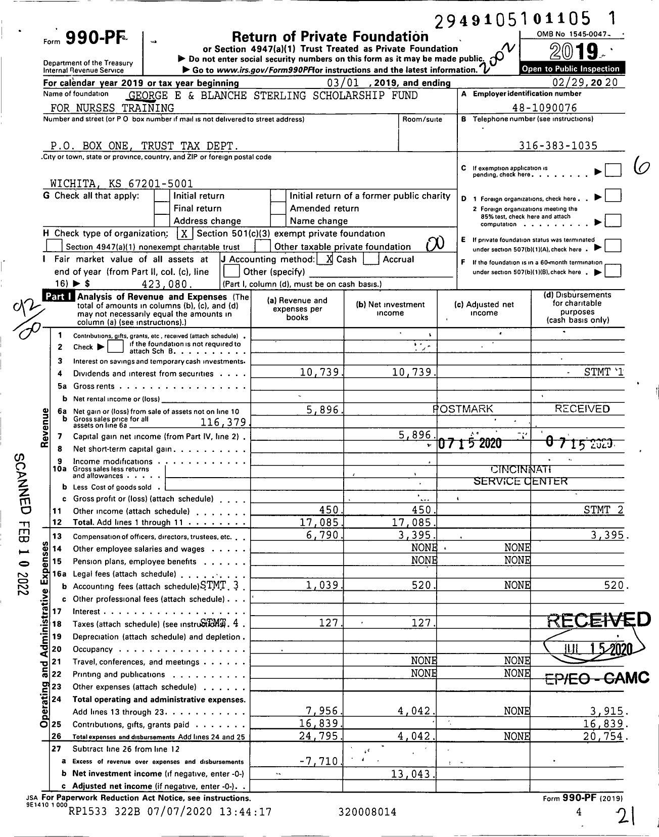 Image of first page of 2019 Form 990PF for George E and Blanche Sterling Scholarship