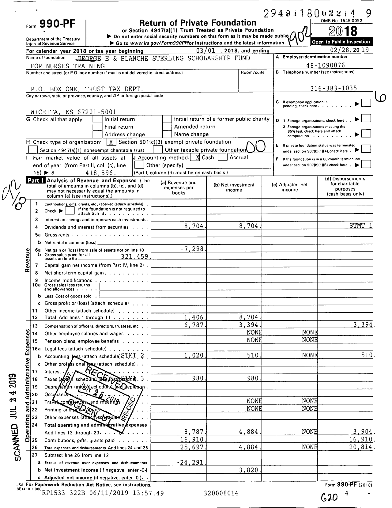 Image of first page of 2018 Form 990PF for George E and Blanche Sterling Scholarship