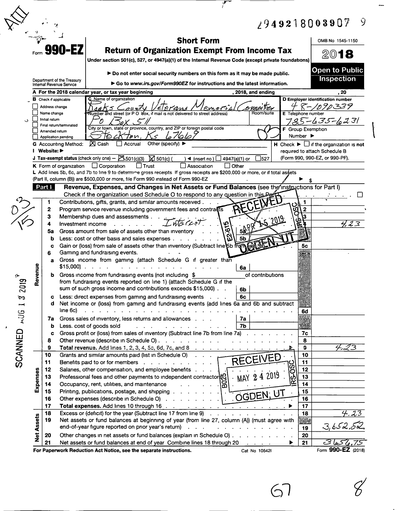 Image of first page of 2018 Form 990EZ for Rooks County Veterans Memorial Committee