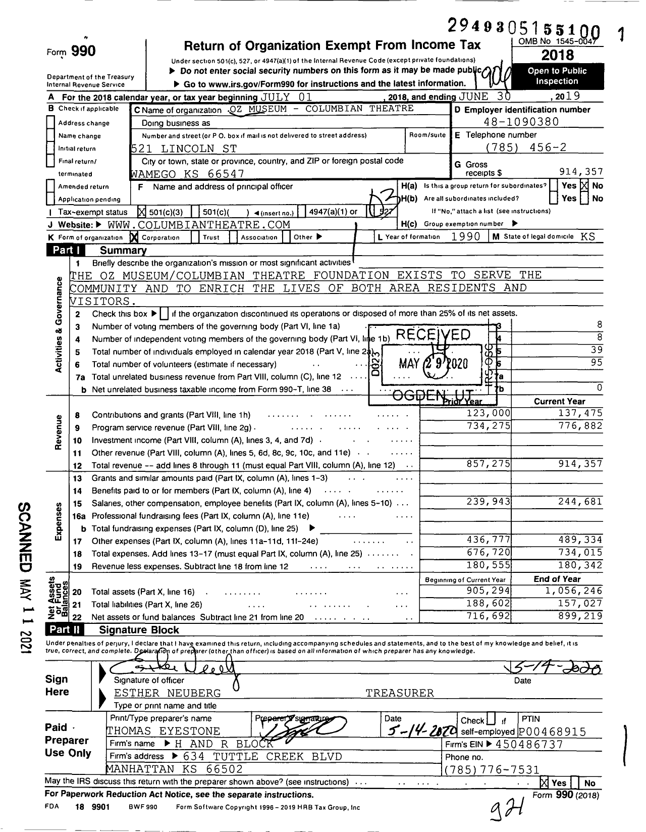 Image of first page of 2018 Form 990 for Oz Museum - Columbian Theatre Foundation