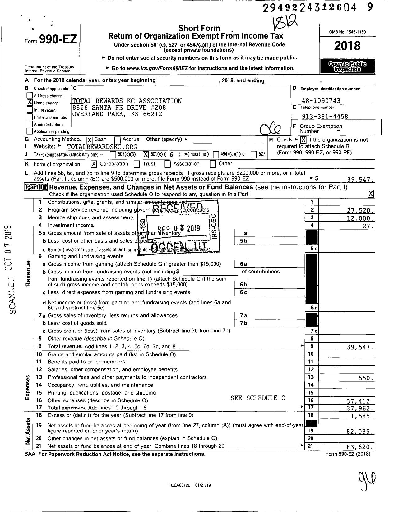 Image of first page of 2018 Form 990EO for Total Rewards KC Association