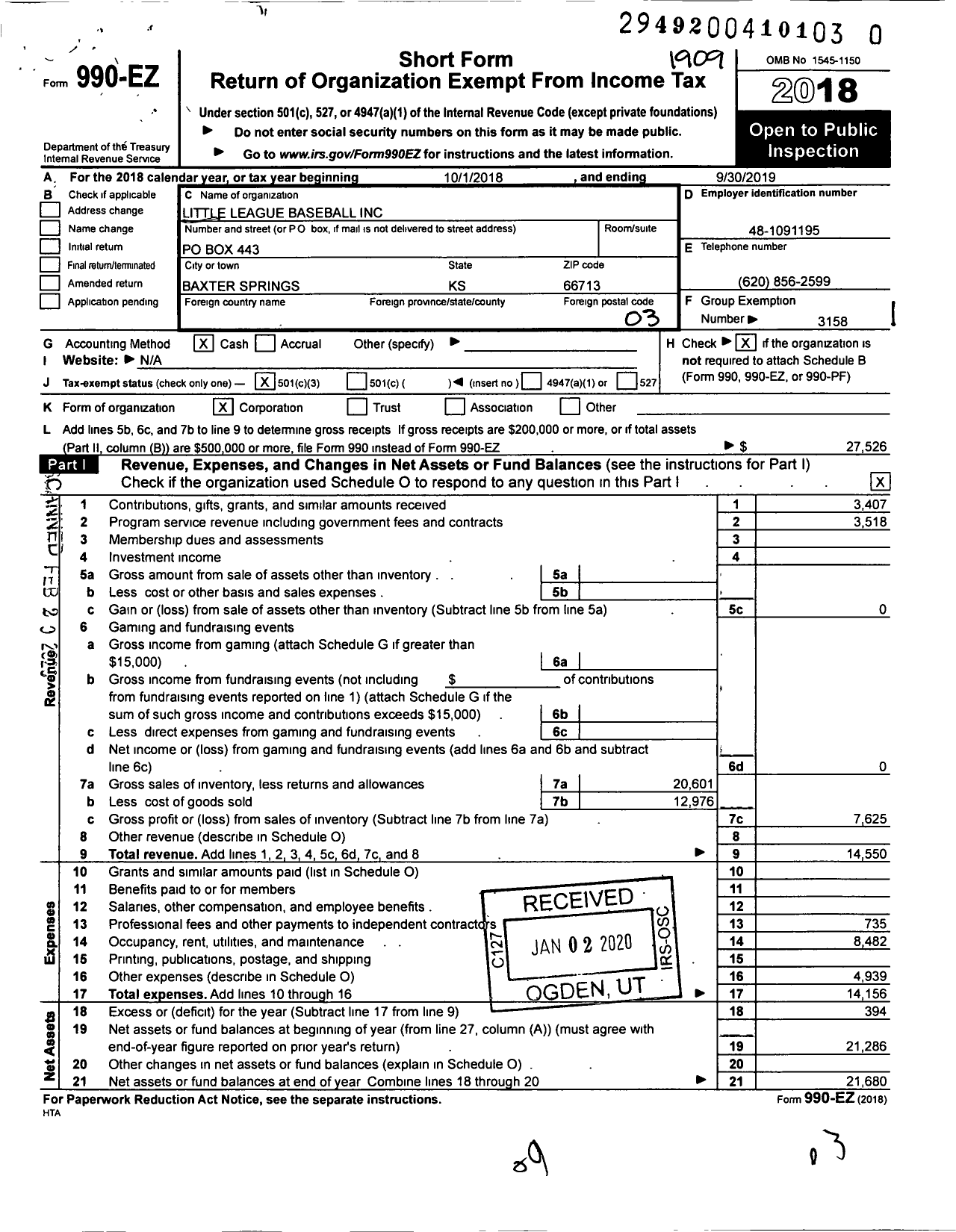 Image of first page of 2018 Form 990EZ for Little League Baseball - 1160201 Baxter Springs LL