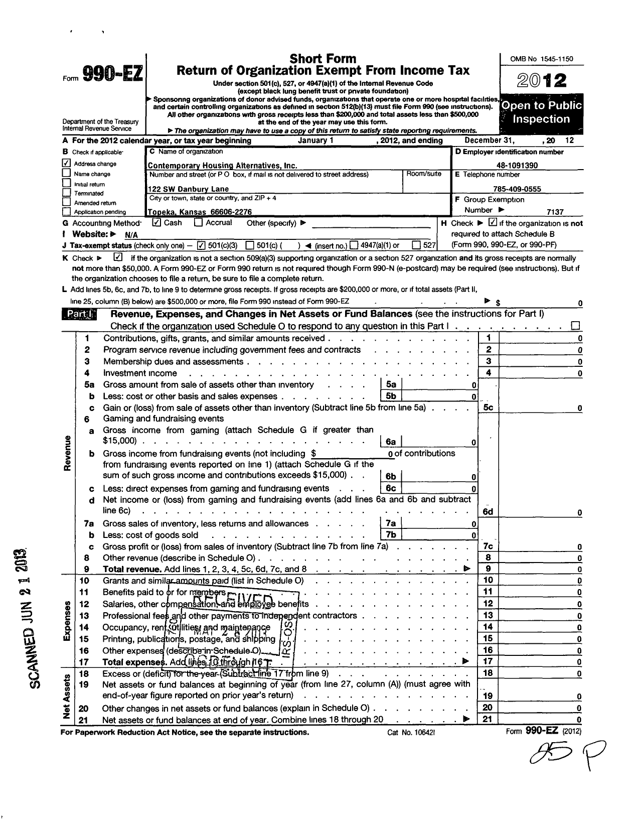 Image of first page of 2012 Form 990EZ for Contemporary Housing Alternatives