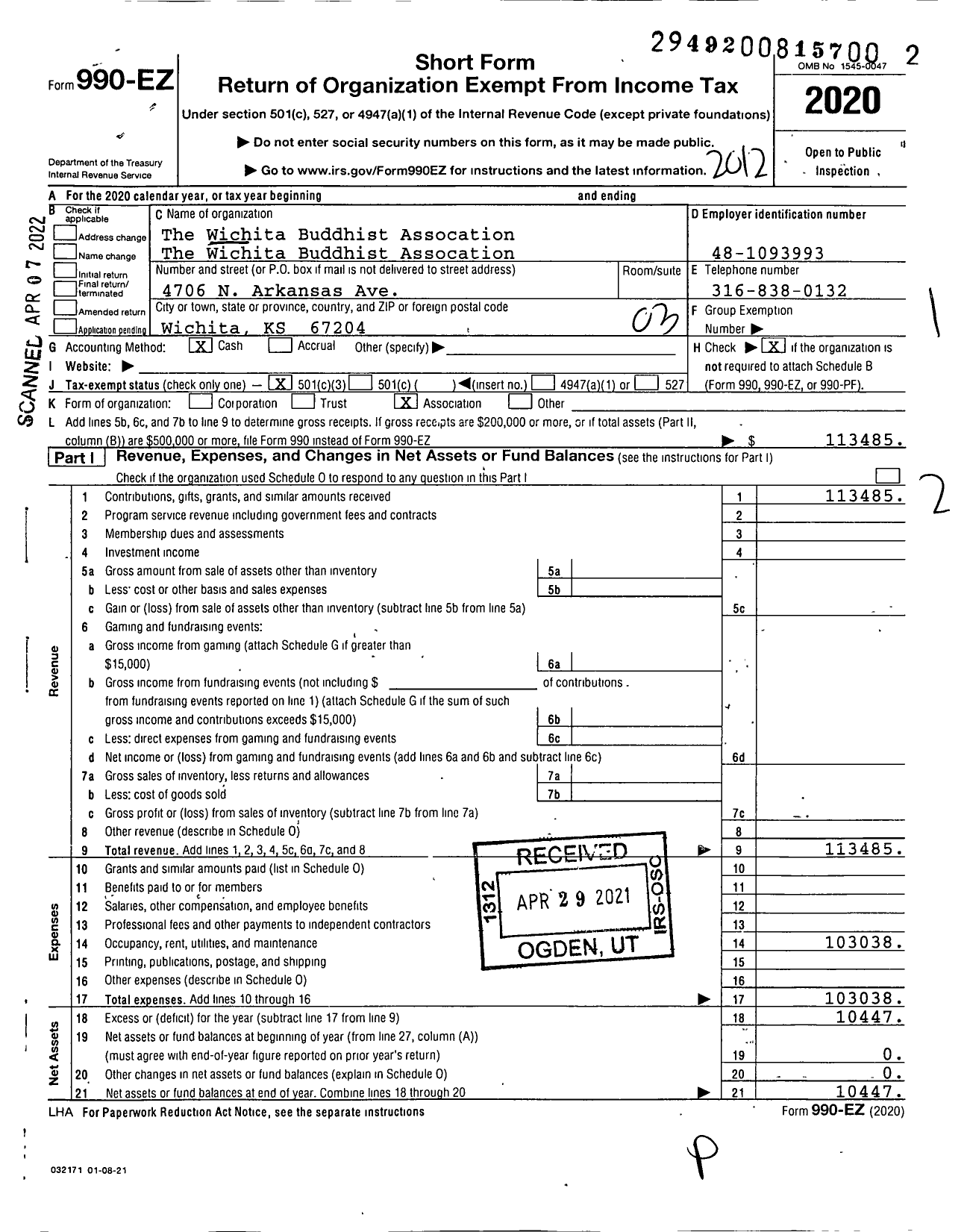 Image of first page of 2020 Form 990EZ for Phap Hoa Buddhist Temple / The Wichita Buddhist Association