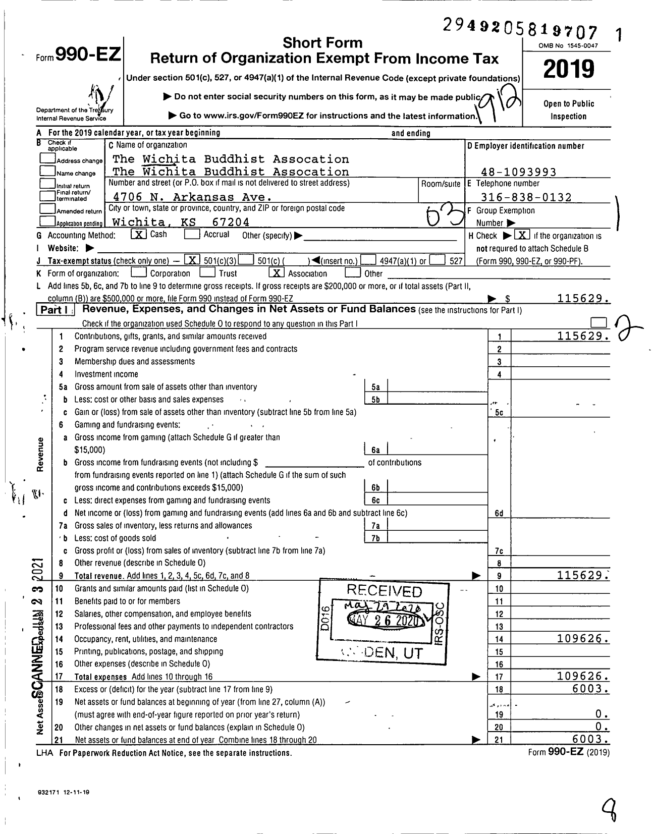 Image of first page of 2019 Form 990EZ for Phap Hoa Buddhist Temple / The Wichita Buddhist Association