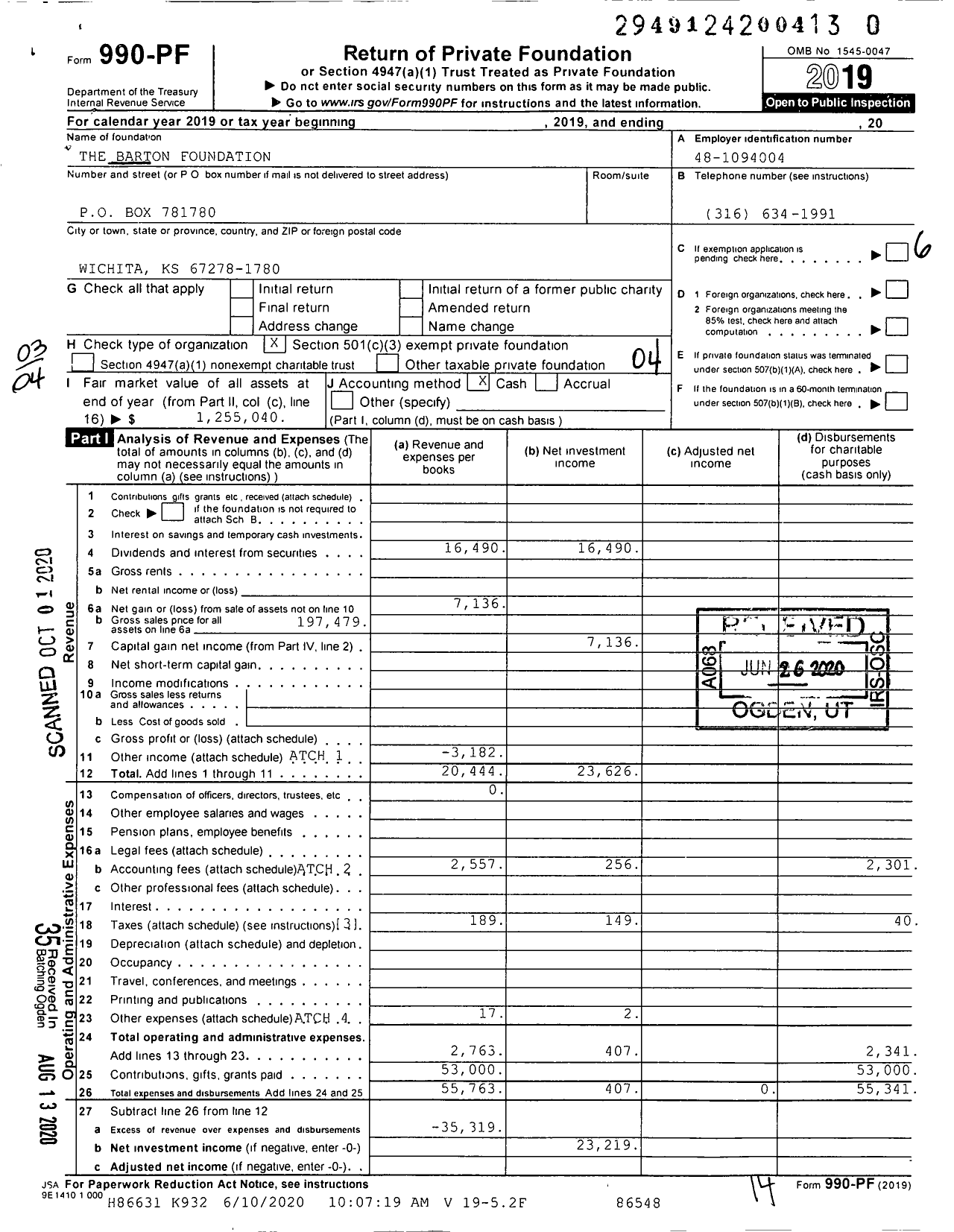 Image of first page of 2019 Form 990PR for The Barton Foundation