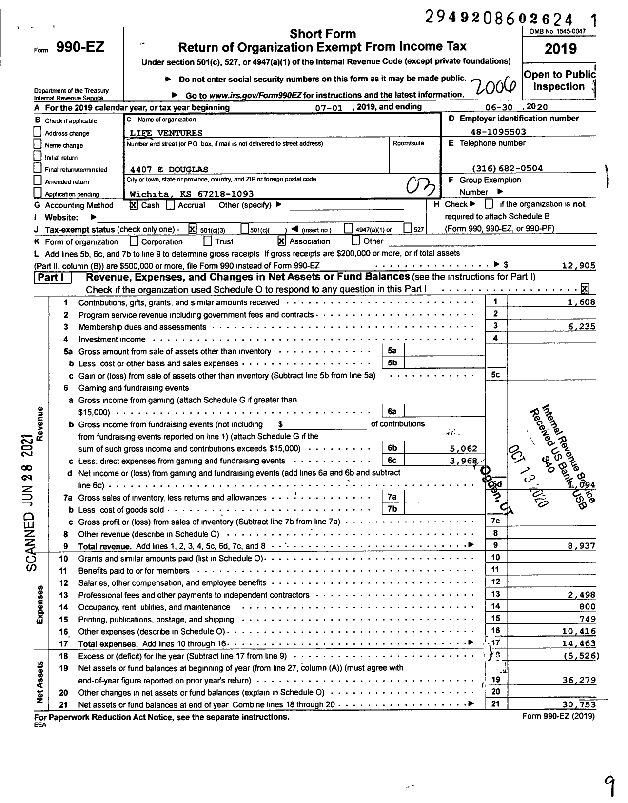 Image of first page of 2019 Form 990EZ for Life Ventures