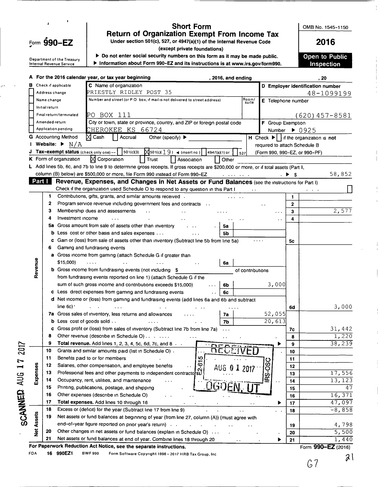 Image of first page of 2016 Form 990EO for Priestly Ridley Post 35 American Legion