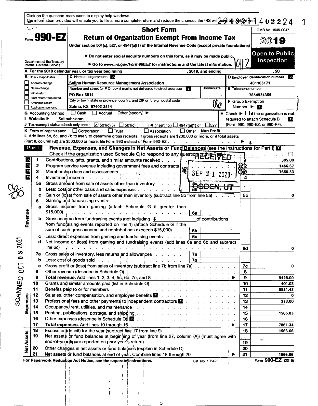 Image of first page of 2019 Form 990EO for Salina Human Resource Management Association