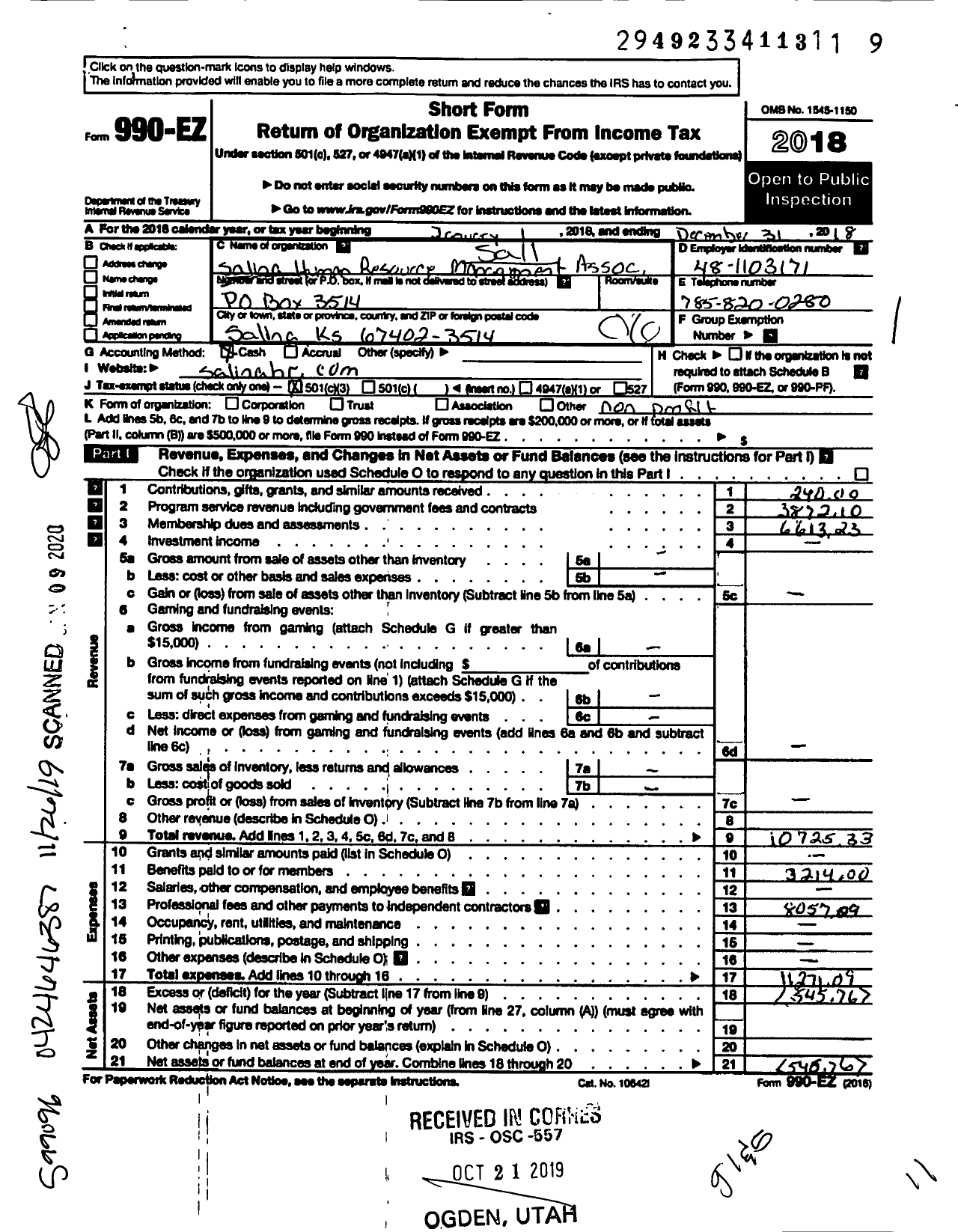 Image of first page of 2018 Form 990EO for Salina Human Resource Management Association