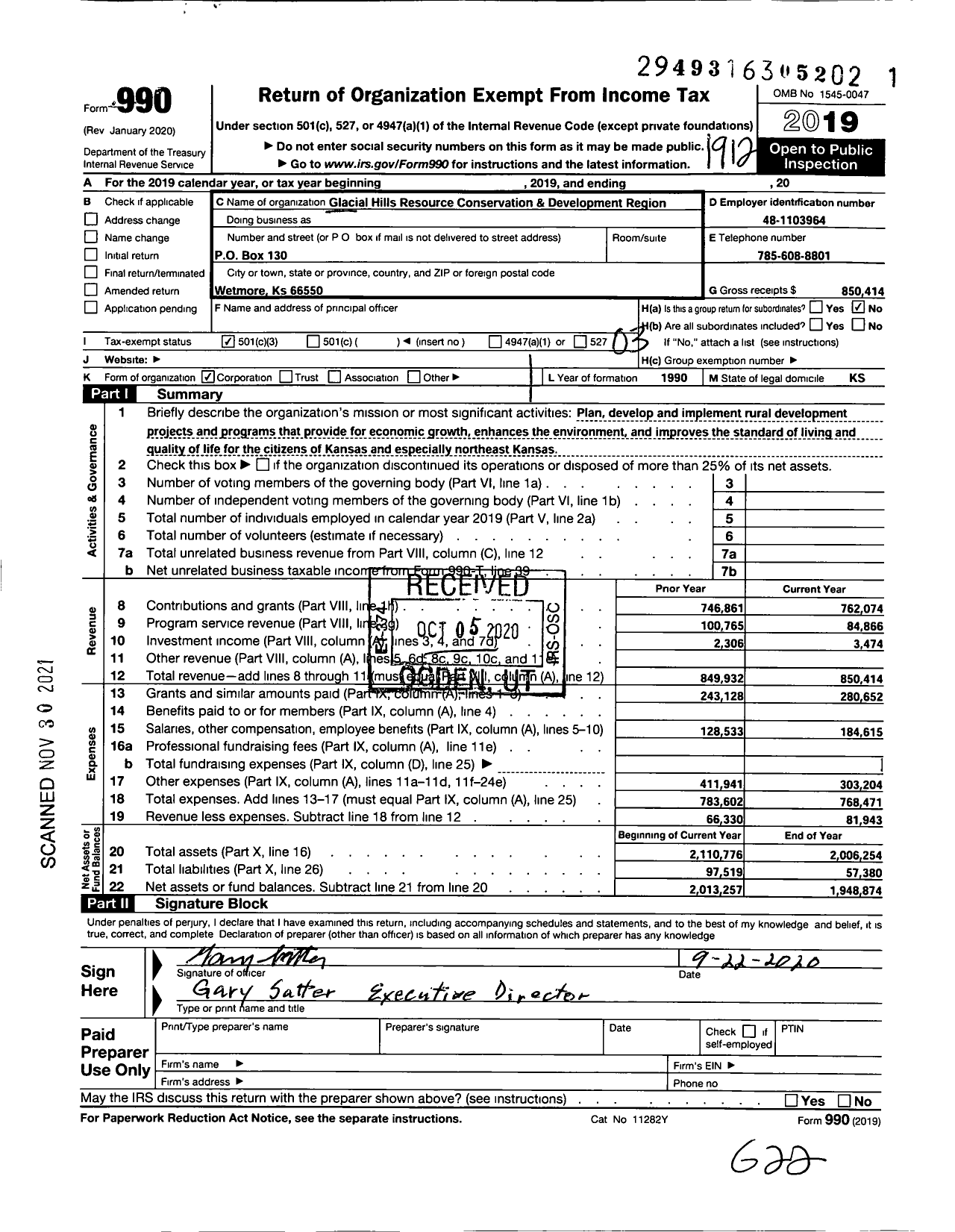 Image of first page of 2019 Form 990 for GLACIAL HILLS RESOURCE CONSERVATION AND DEVelOPMENT