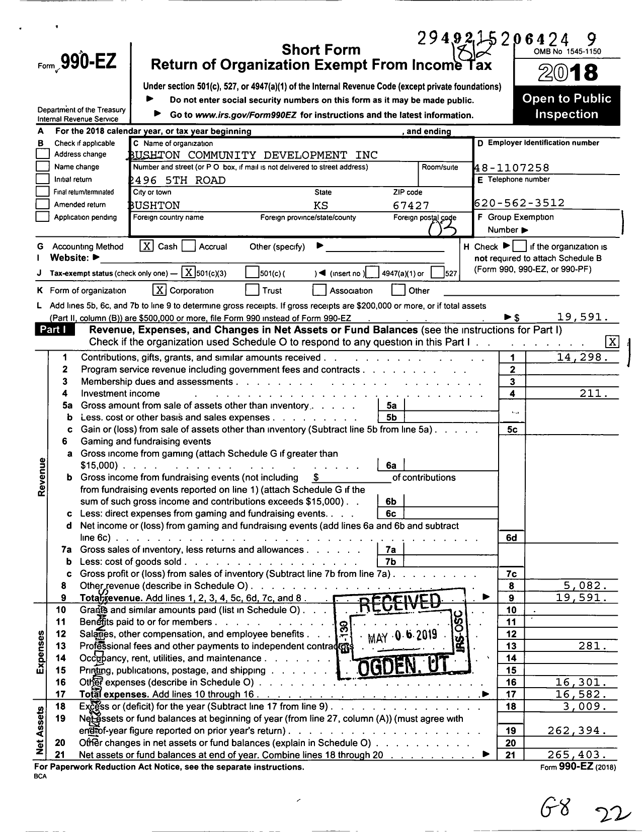 Image of first page of 2018 Form 990EZ for Bushton Community Development