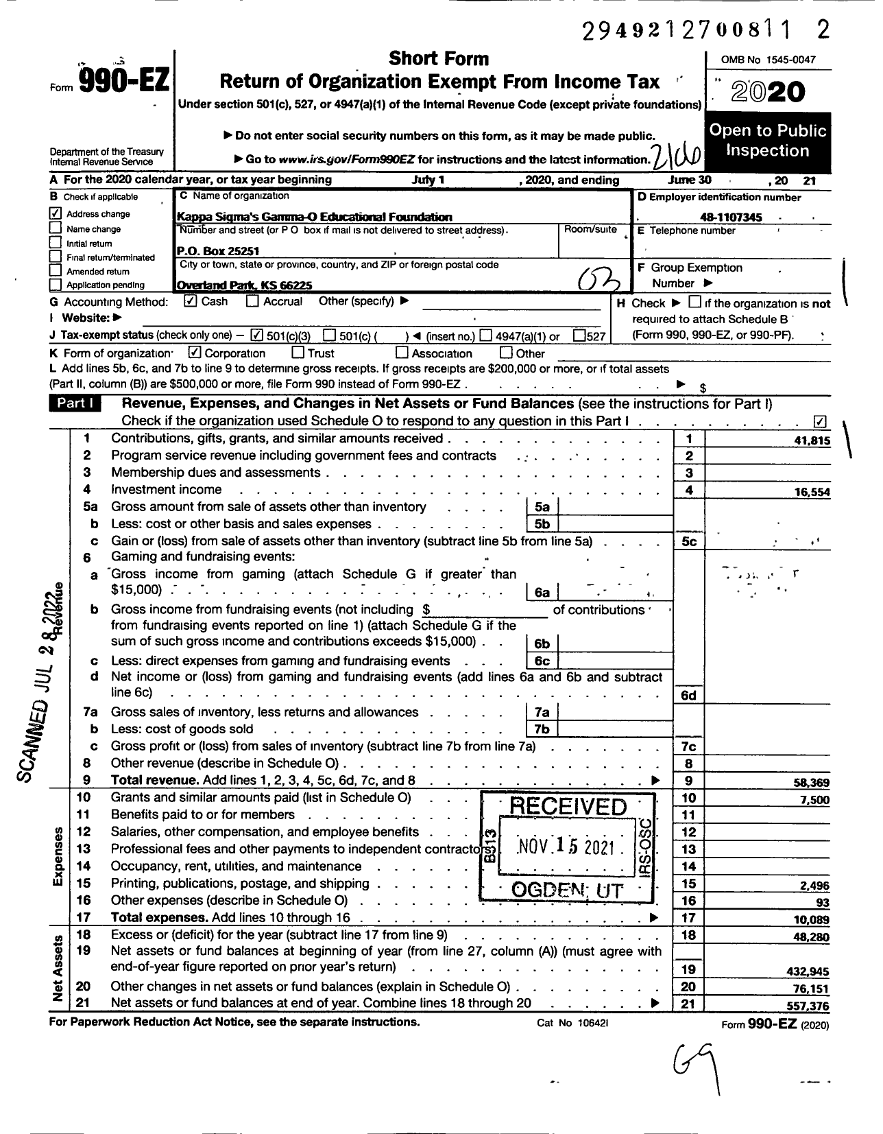 Image of first page of 2020 Form 990EZ for Kappa Sigmas Gamma-O Educational Foundation