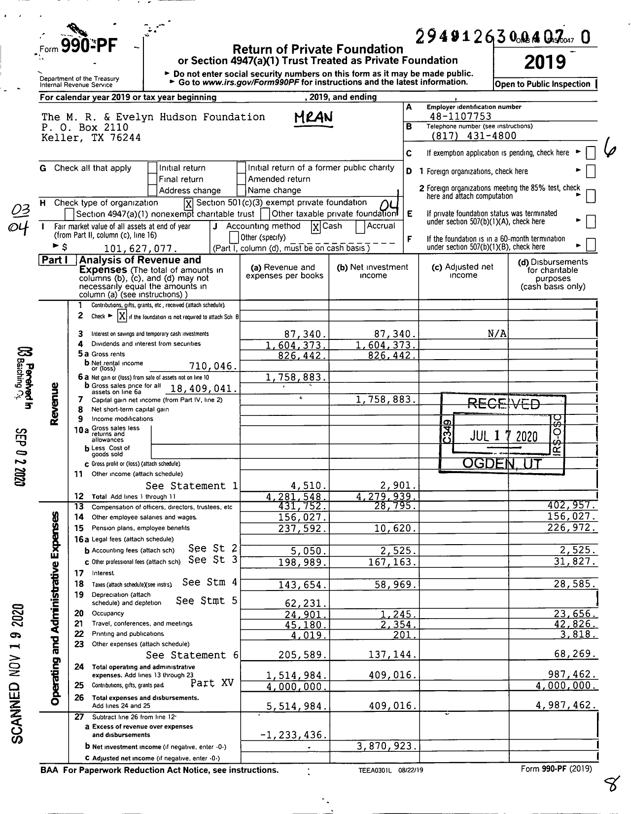 Image of first page of 2019 Form 990PF for M. R. and Evelyn Hudson Foundation