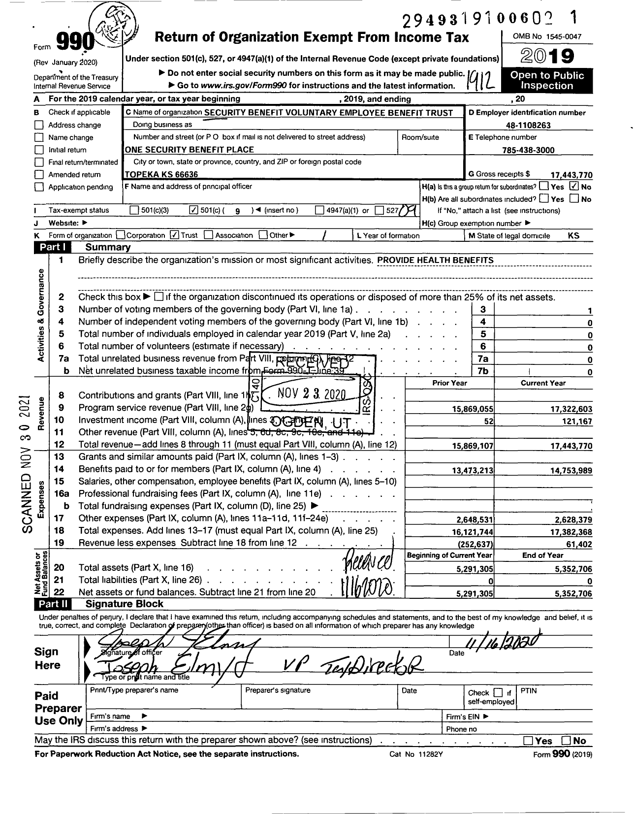 Image of first page of 2019 Form 990O for Security Benefit Voluntary Employee Benefit Trust