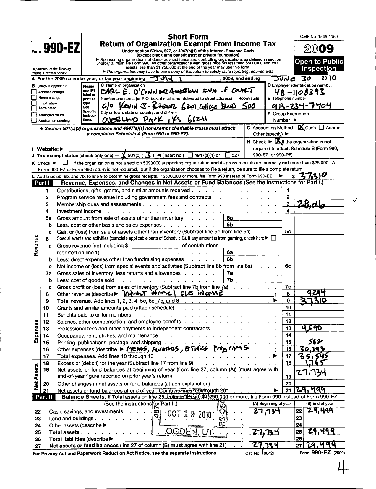 Image of first page of 2009 Form 990EZ for American Inns of Court Foundation - 30149 Earl E Oconnor Chapter