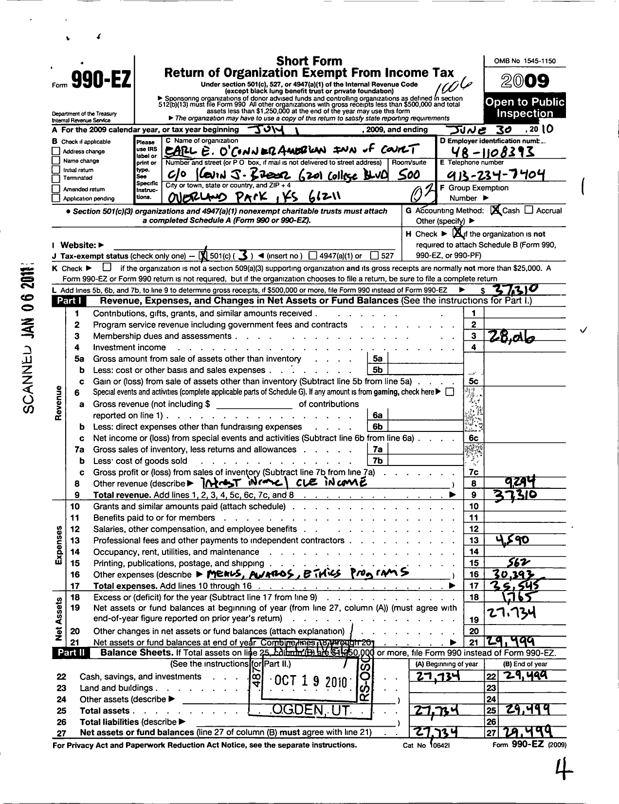 Image of first page of 2009 Form 990EZ for American Inns of Court Foundation - 30149 Earl E Oconnor Chapter