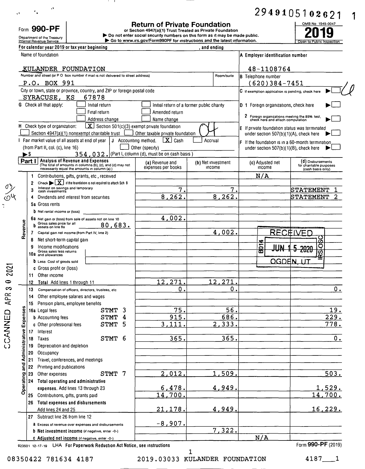 Image of first page of 2019 Form 990PF for Kulander Foundation