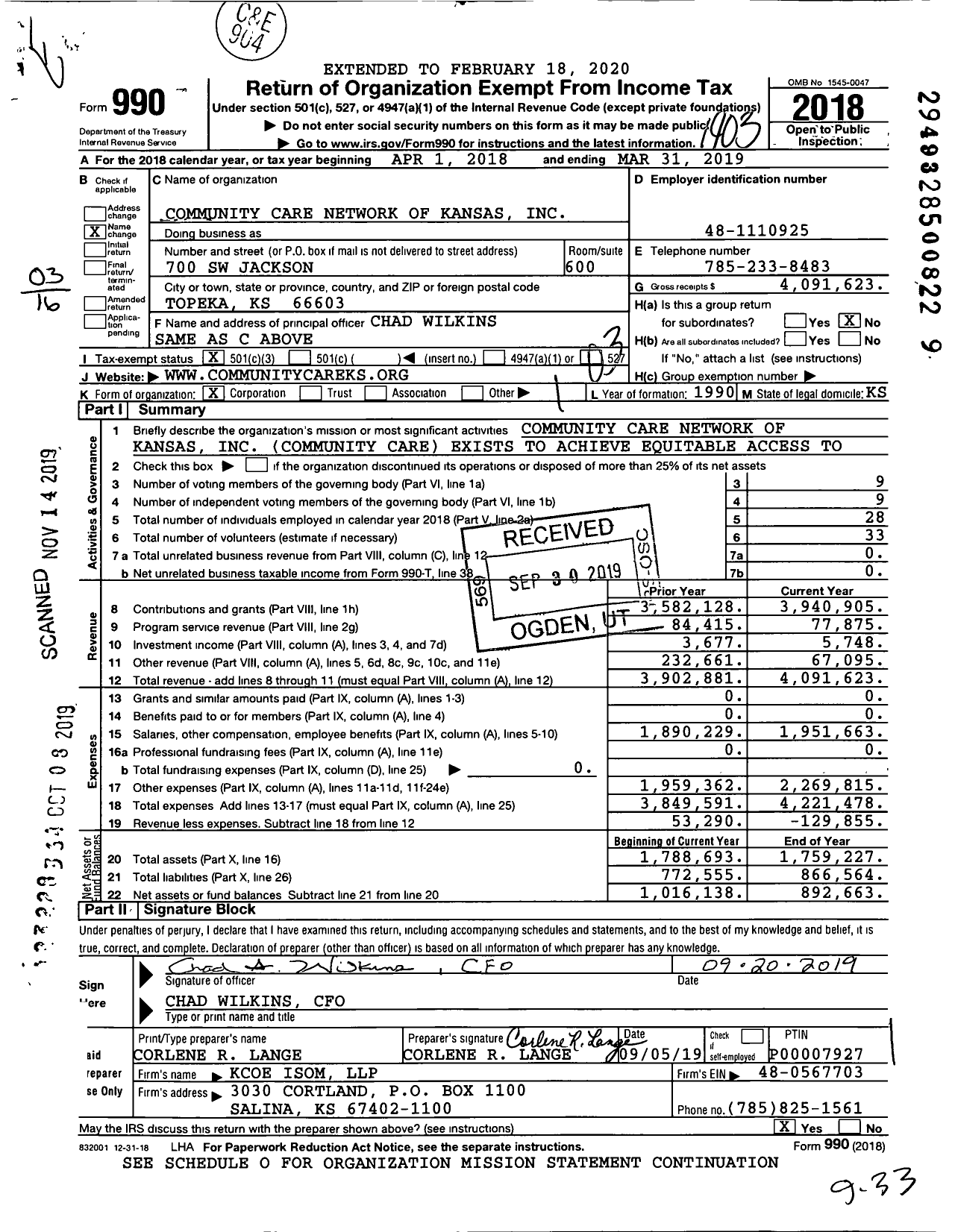 Image of first page of 2018 Form 990 for Community Care Network of Kansas