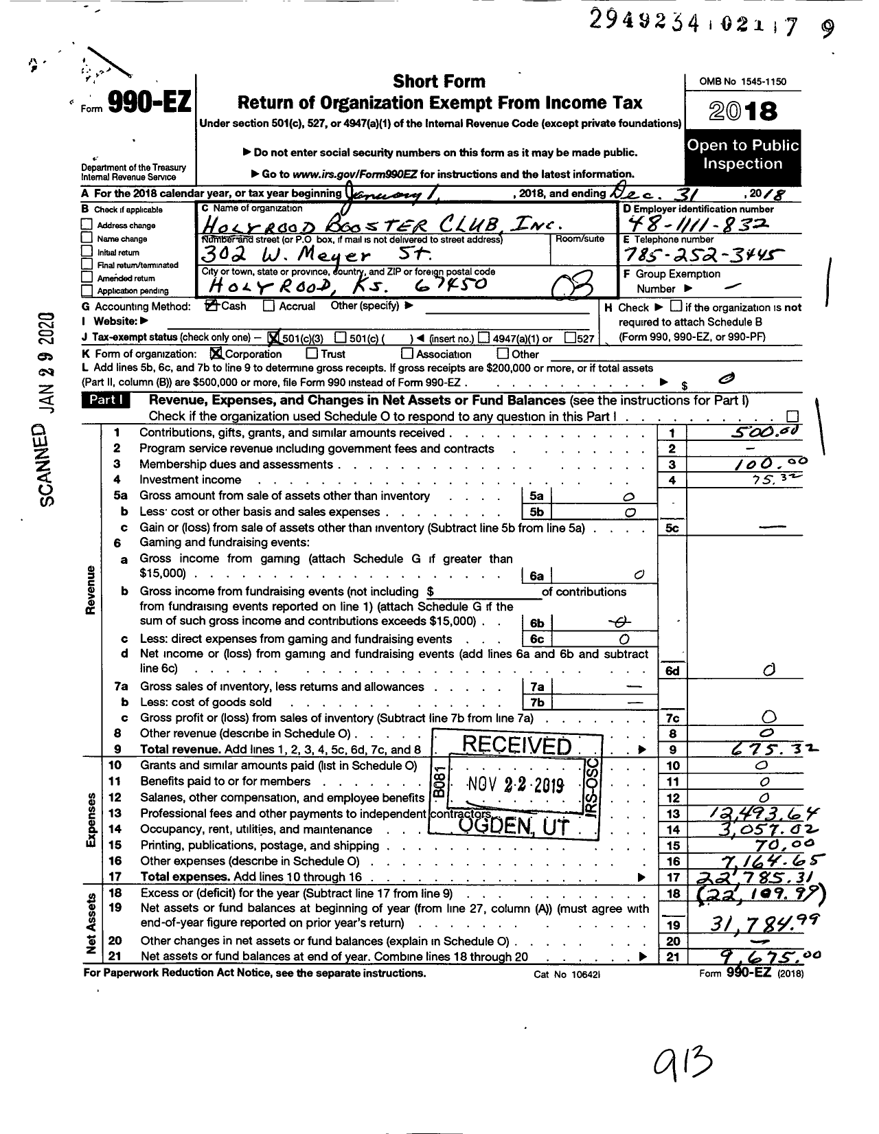 Image of first page of 2018 Form 990EZ for Holyrood Booster Club