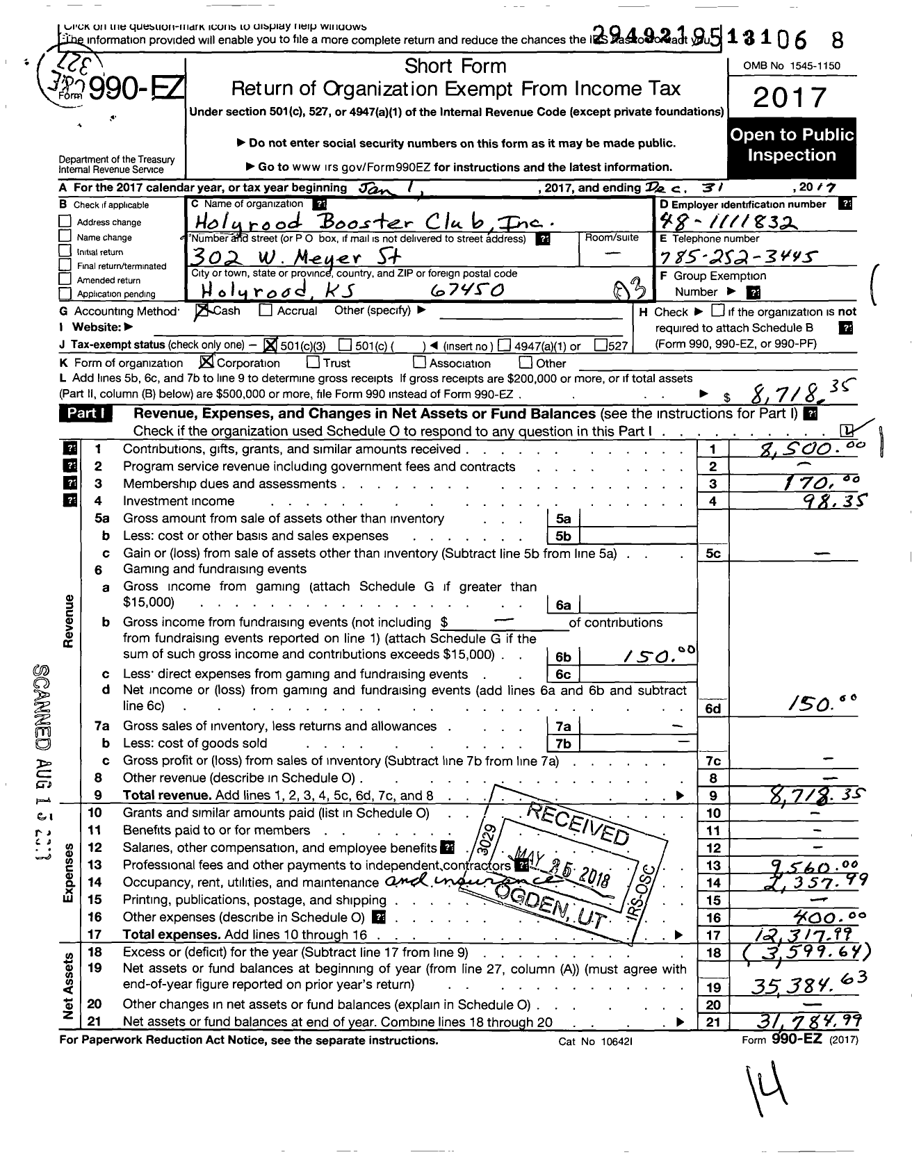 Image of first page of 2017 Form 990EZ for Holyrood Booster Club