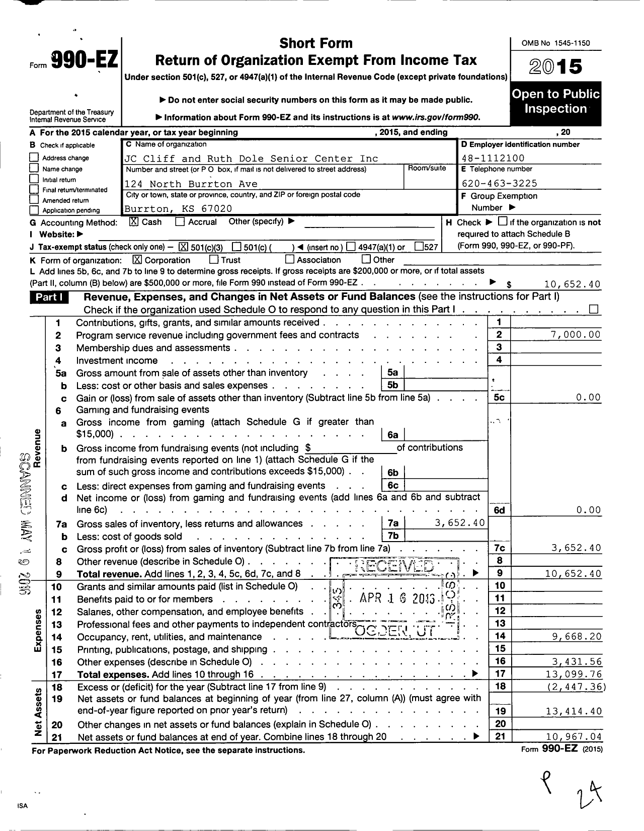 Image of first page of 2015 Form 990EZ for JC Cliff and Ruth Dole Senior Center