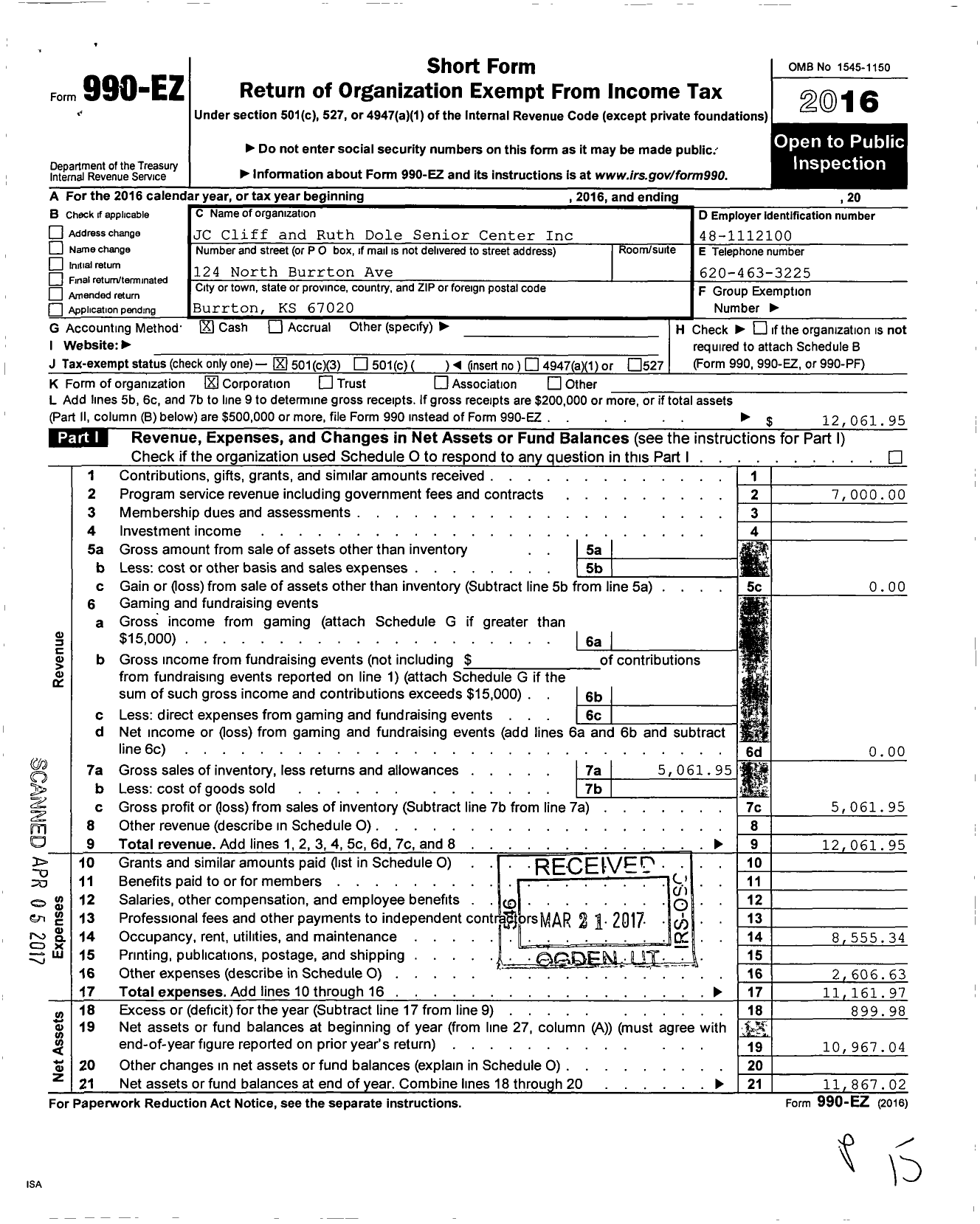 Image of first page of 2016 Form 990EZ for JC Cliff and Ruth Dole Senior Center