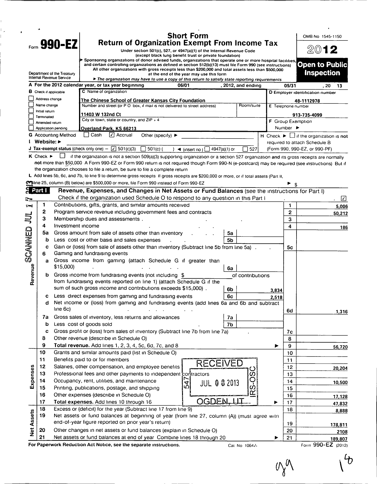 Image of first page of 2012 Form 990EZ for Chinese School of Greater Kansas City Foundation