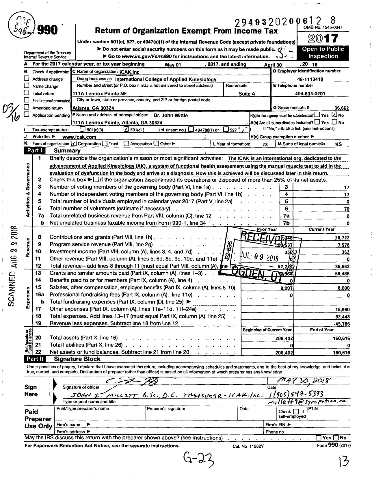 Image of first page of 2017 Form 990 for Icak