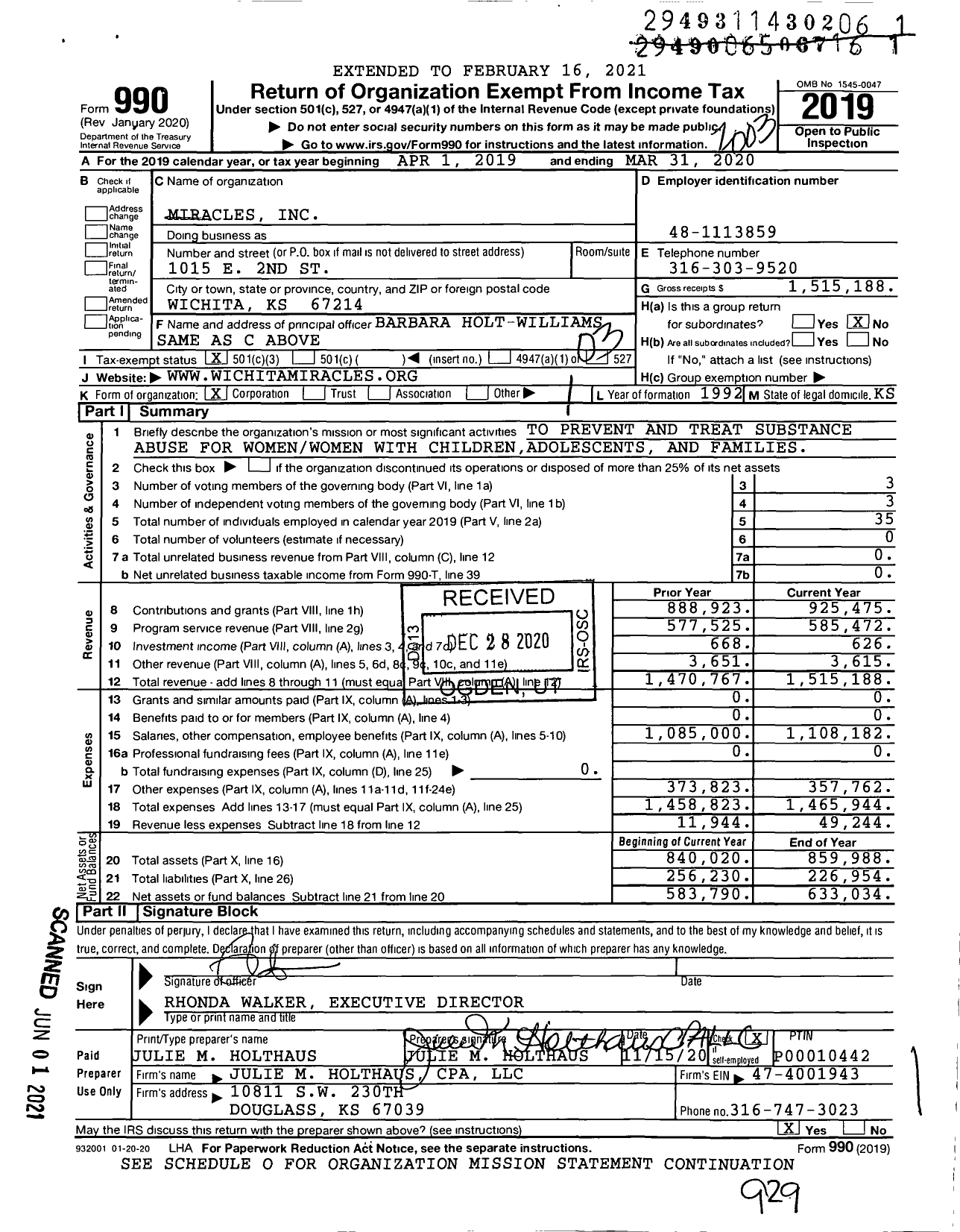 Image of first page of 2019 Form 990 for Miracles