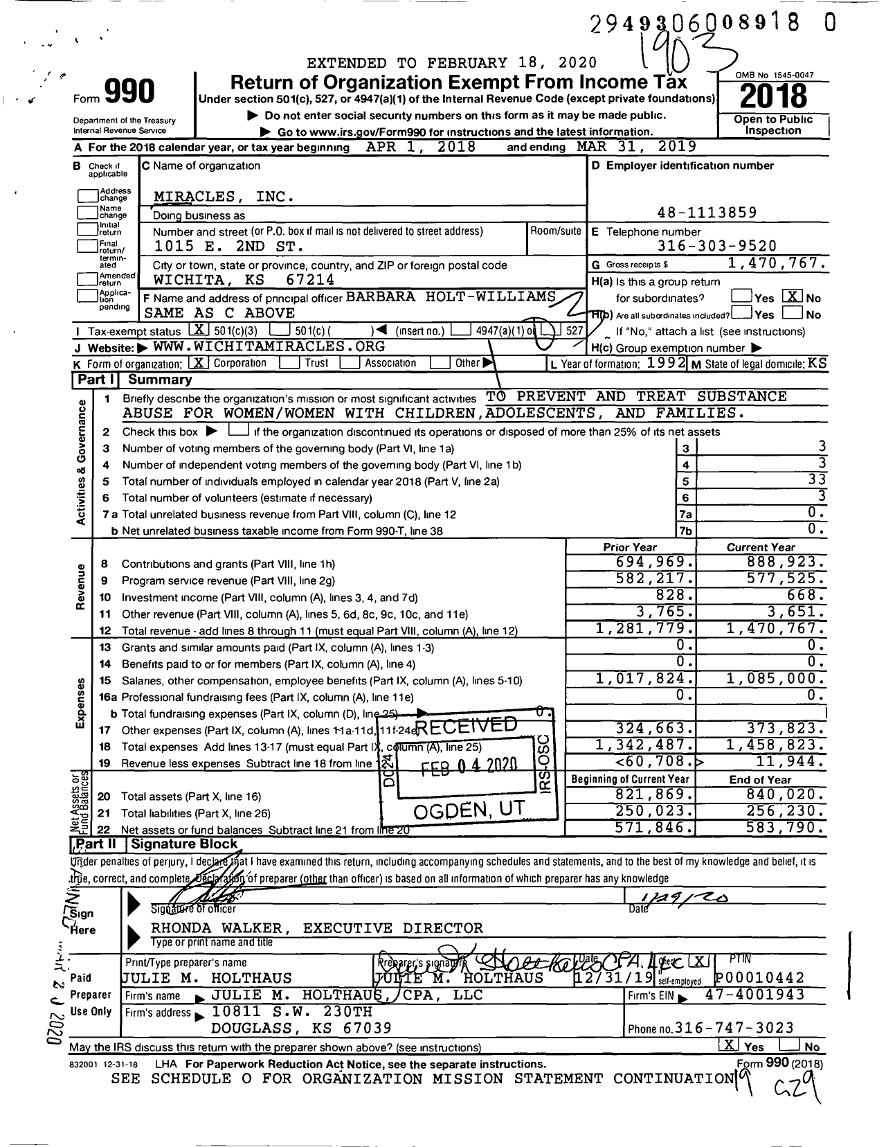 Image of first page of 2018 Form 990 for Miracles
