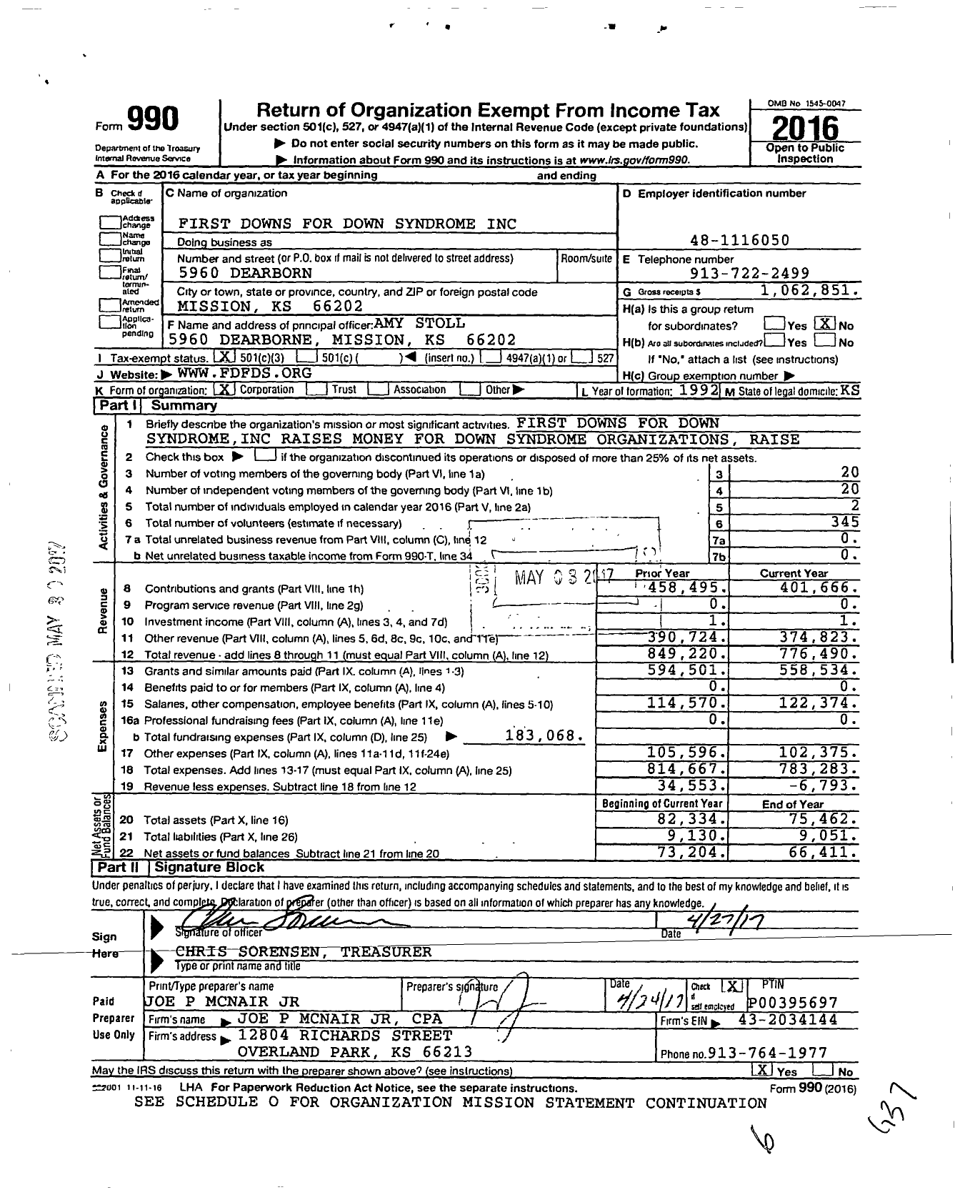 Image of first page of 2016 Form 990 for Down Syndrome Guild of Greater Kansas City -