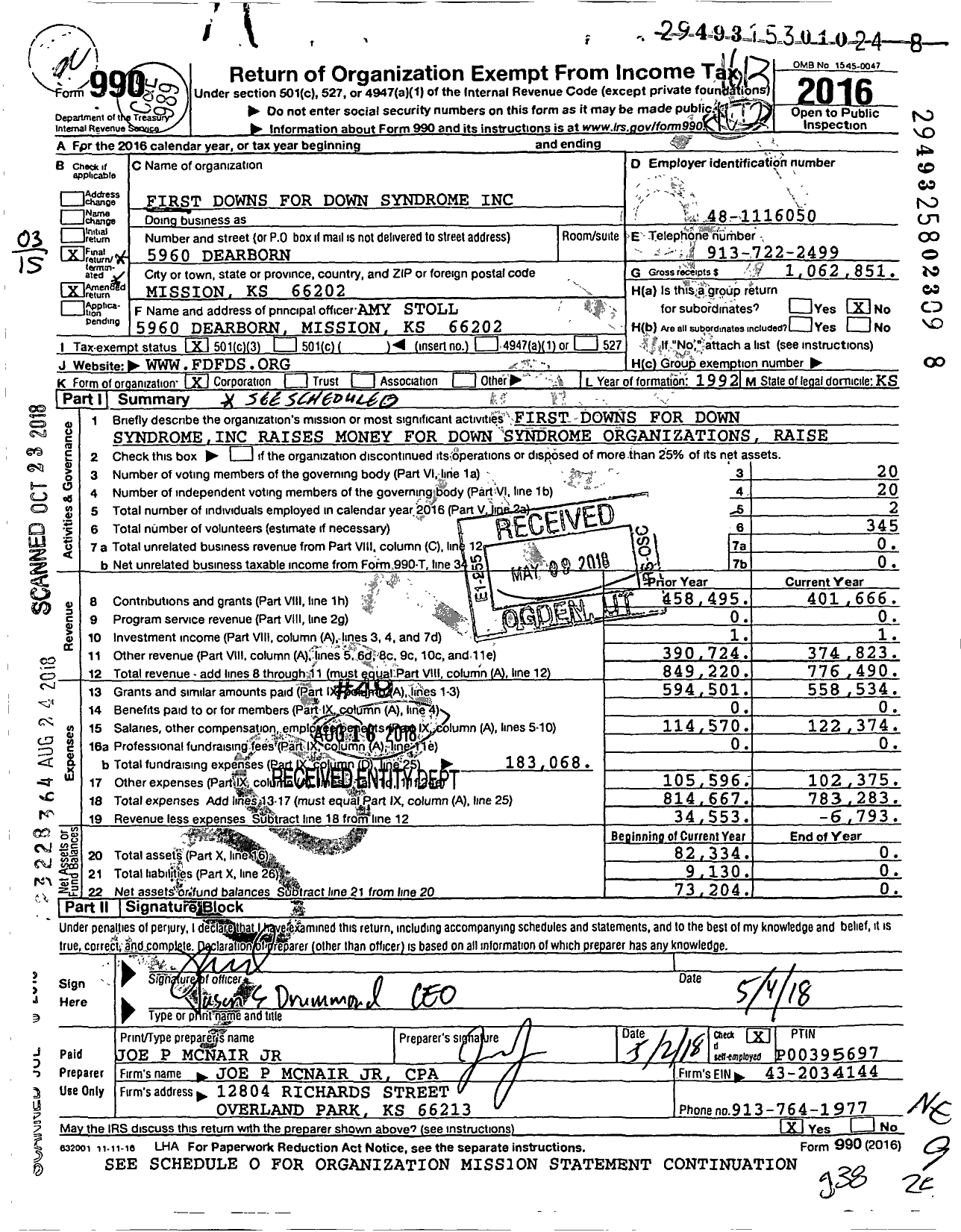 Image of first page of 2016 Form 990 for Down Syndrome Guild of Greater Kansas City -