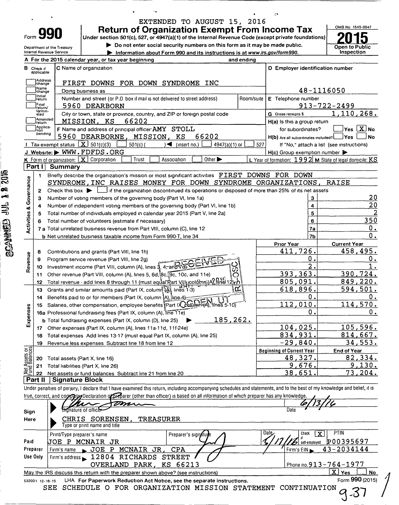 Image of first page of 2015 Form 990 for Down Syndrome Guild of Greater Kansas City -