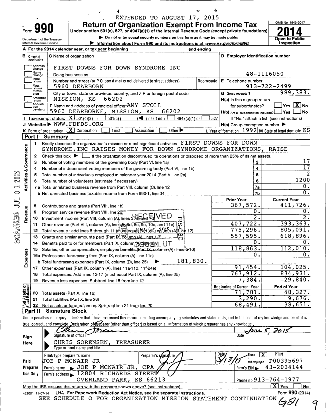 Image of first page of 2014 Form 990 for Down Syndrome Guild of Greater Kansas City -