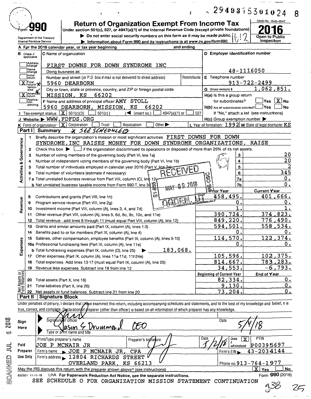 Image of first page of 2016 Form 990 for Down Syndrome Guild of Greater Kansas City -