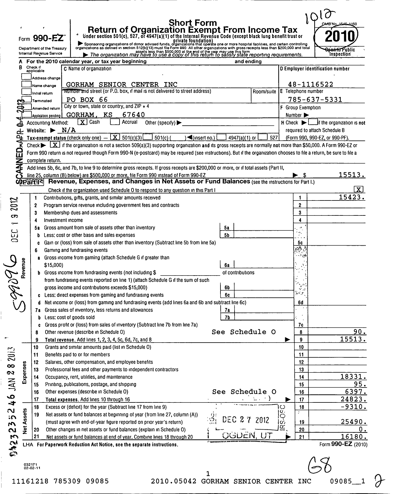 Image of first page of 2010 Form 990EZ for Gorham Senior Center