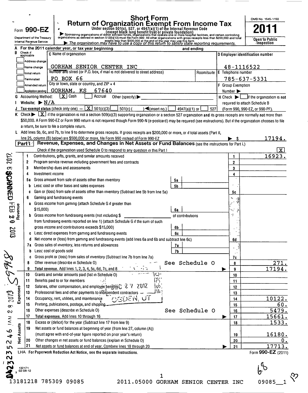 Image of first page of 2011 Form 990EZ for Gorham Senior Center