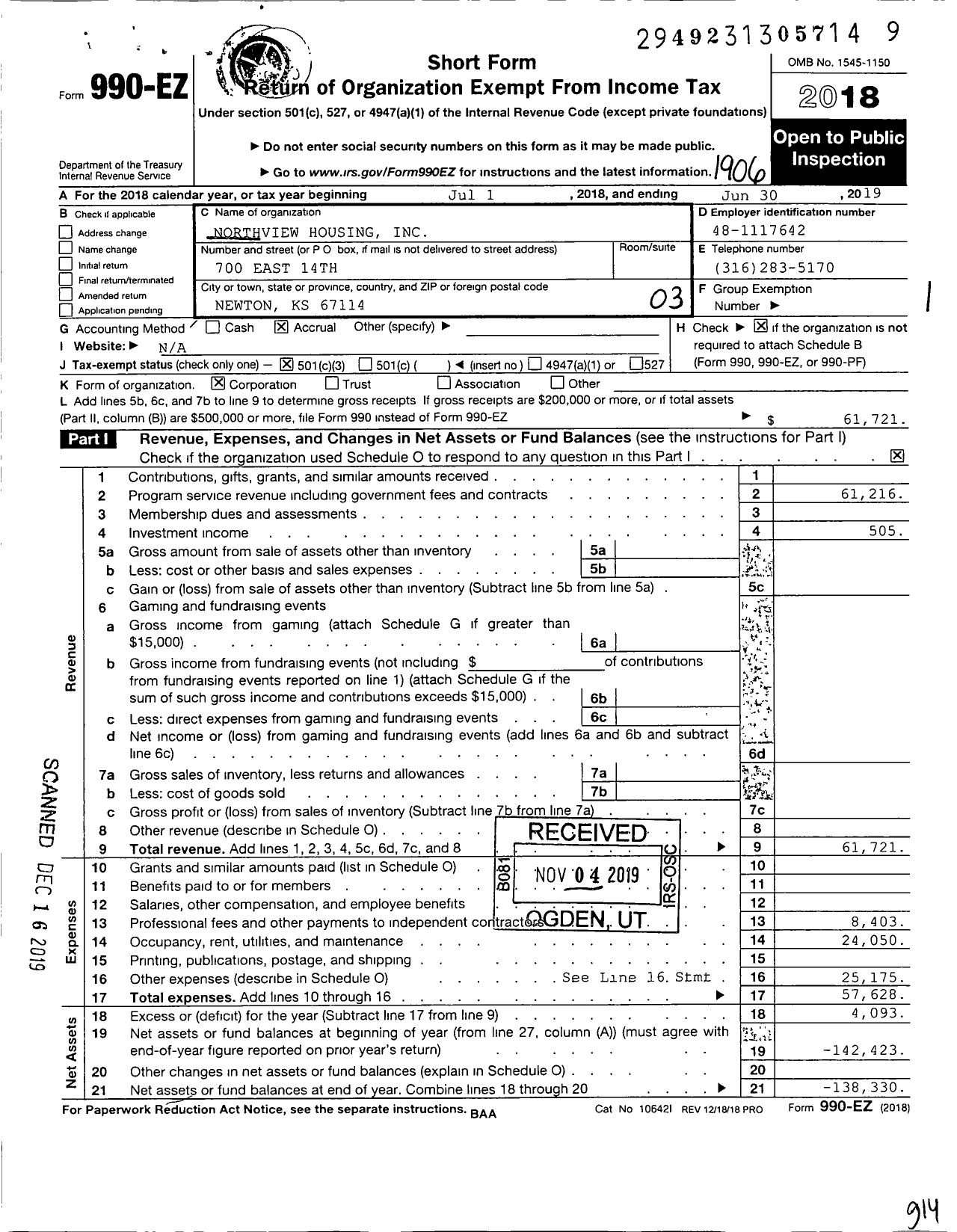 Image of first page of 2018 Form 990EZ for Northview Housing