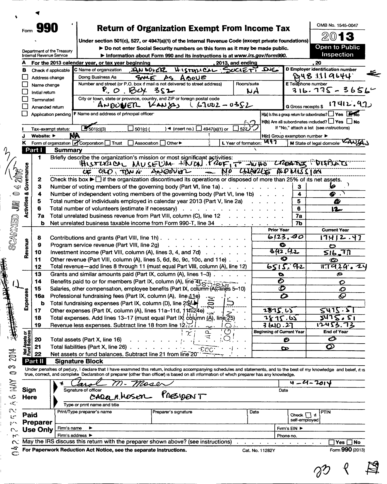 Image of first page of 2013 Form 990 for Andover Historical Society