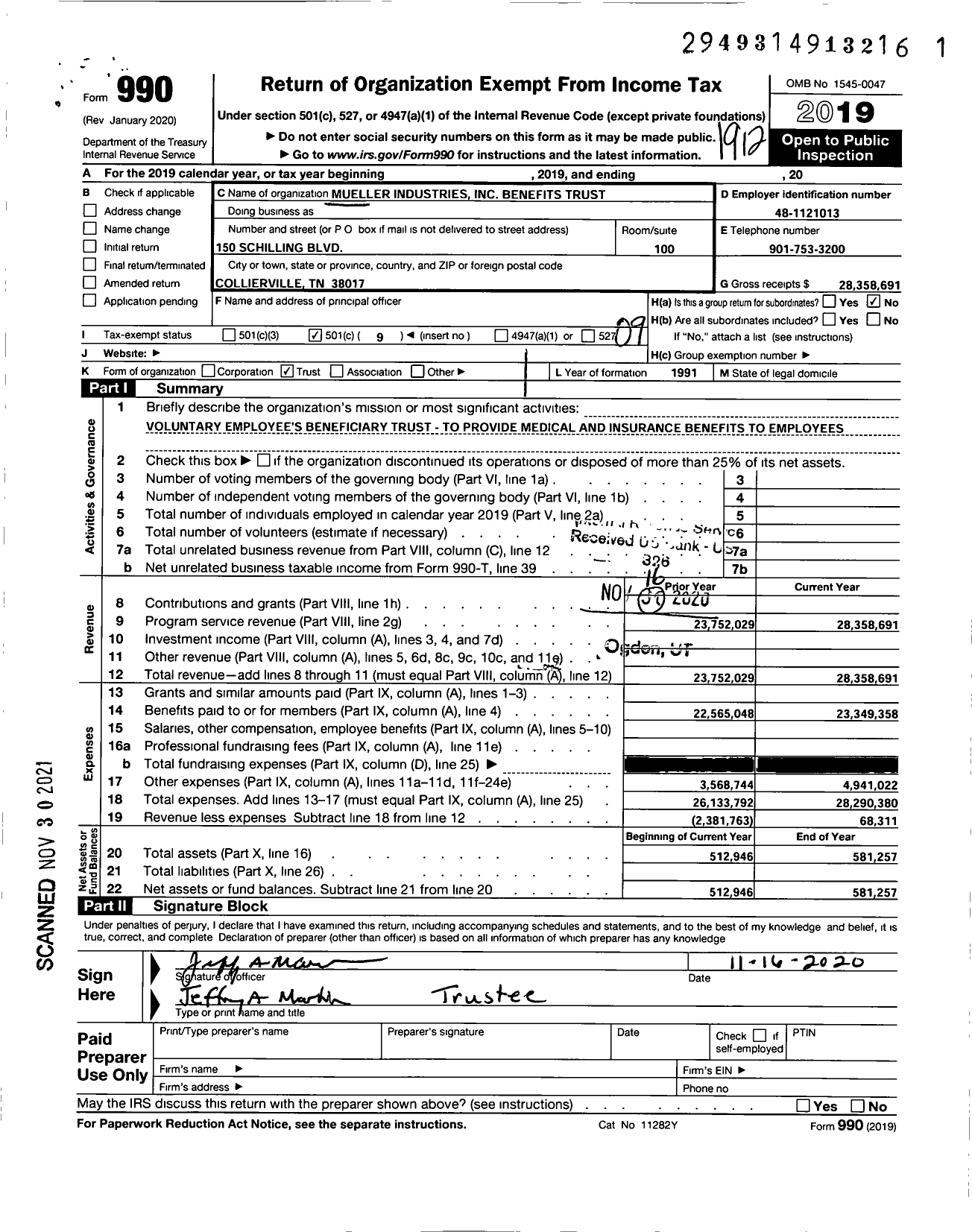 Image of first page of 2019 Form 990O for Mueller Industries Benefits Trust
