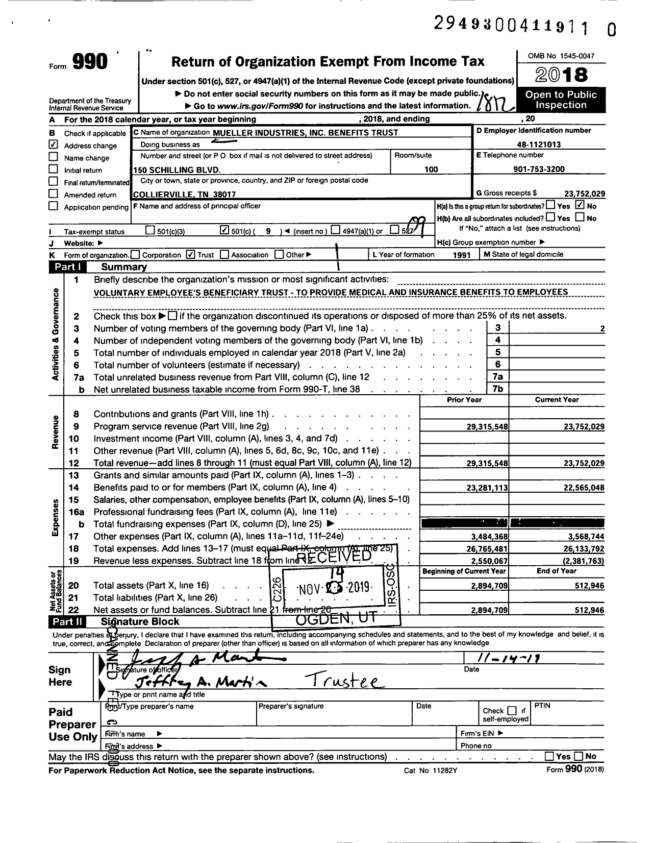 Image of first page of 2018 Form 990O for Mueller Industries Benefits Trust