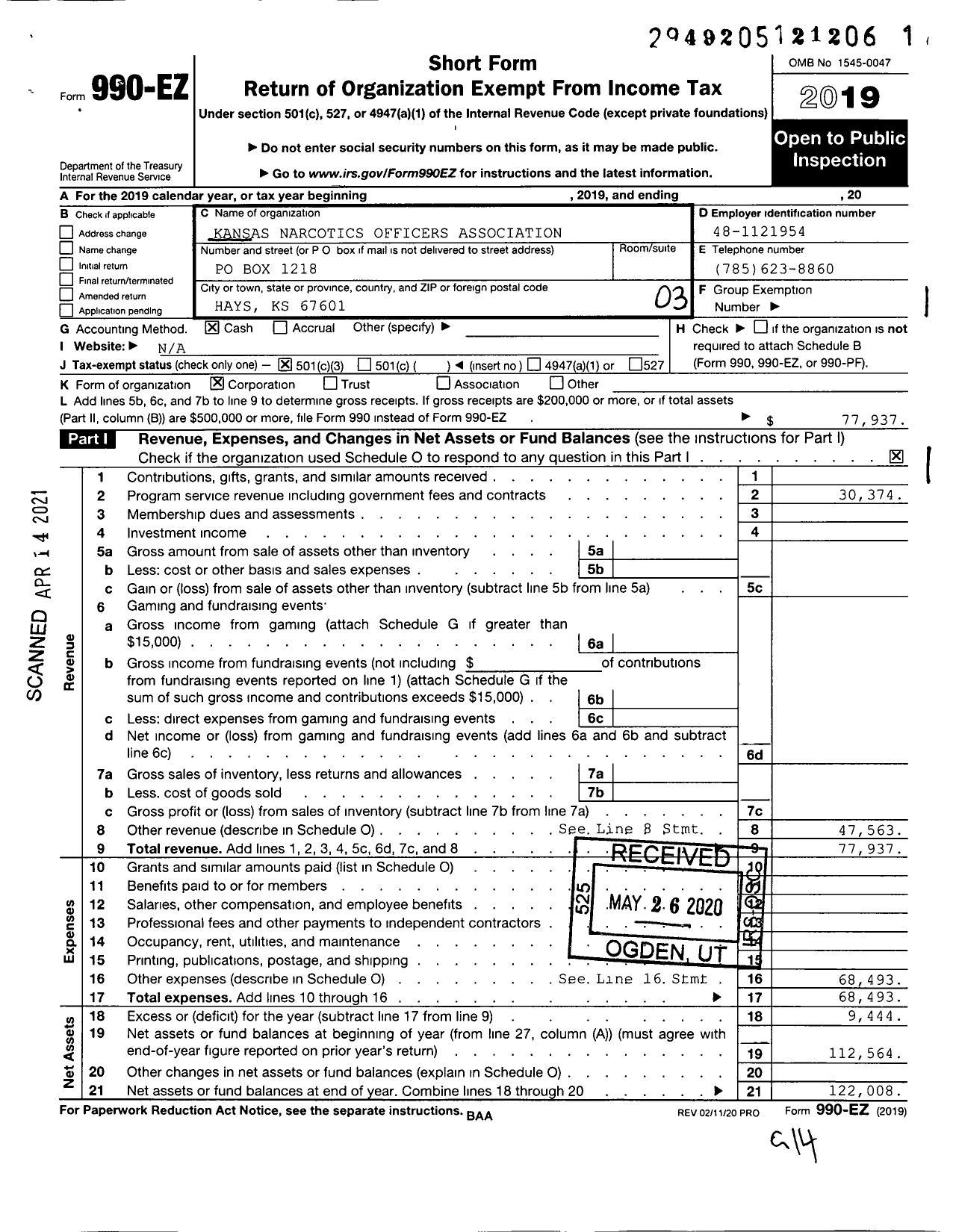 Image of first page of 2019 Form 990EZ for Kansas Narcotics Officers Association