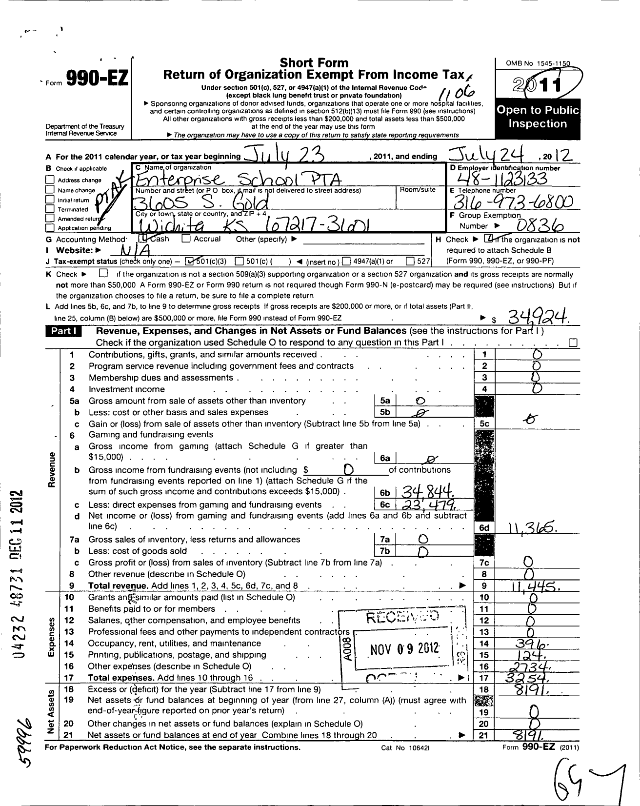 Image of first page of 2011 Form 990EZ for PTA Kansas Congress of Parents and Teachers / Enterprise School PTA