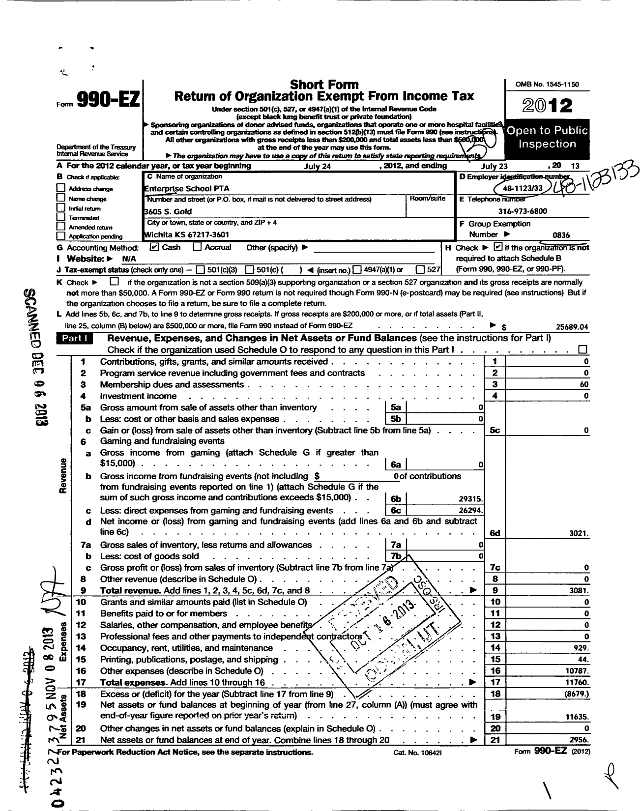 Image of first page of 2012 Form 990EO for PTA Kansas Congress of Parents and Teachers / Enterprise School PTA