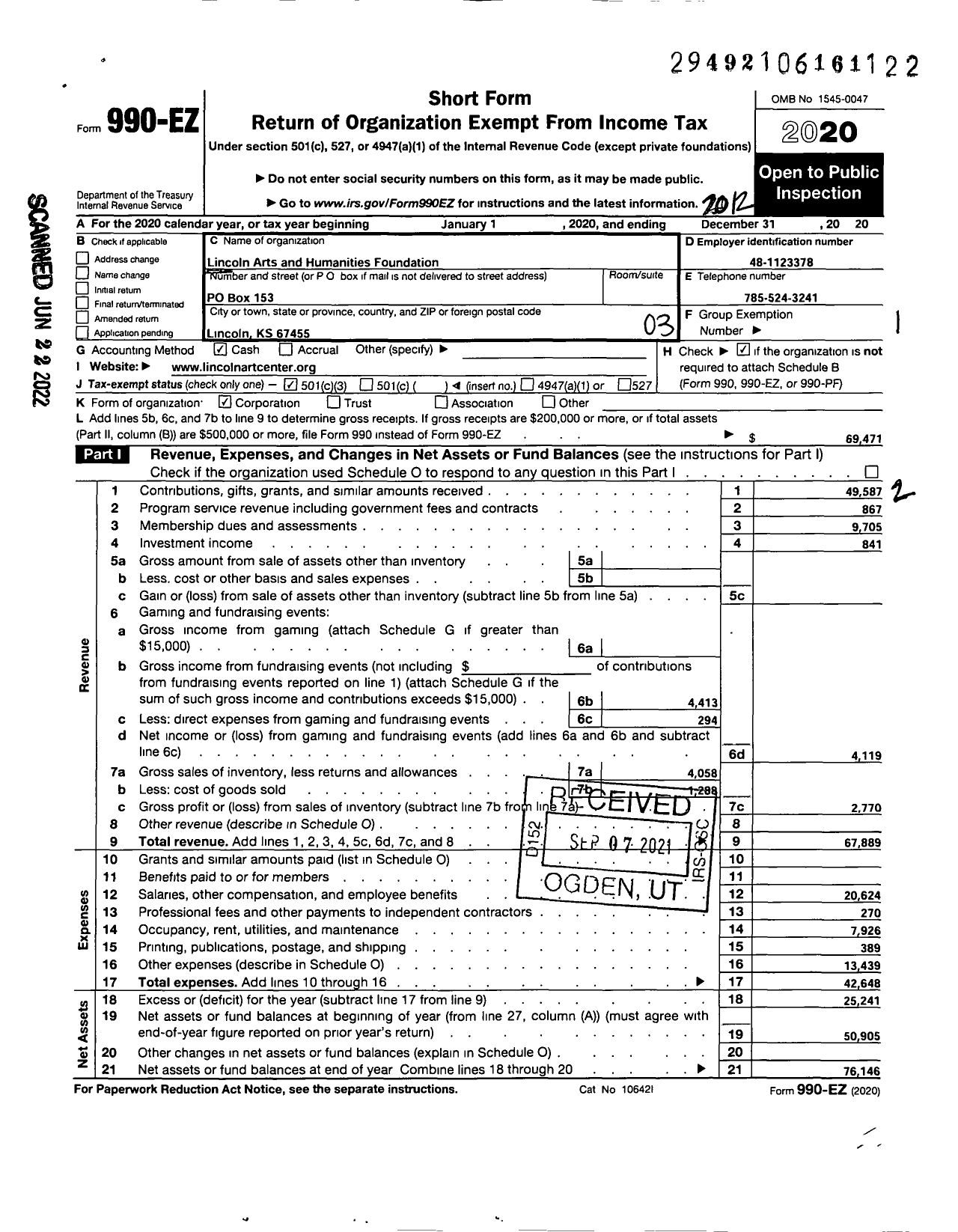 Image of first page of 2020 Form 990EZ for Lincoln Arts and Humanities Foundation