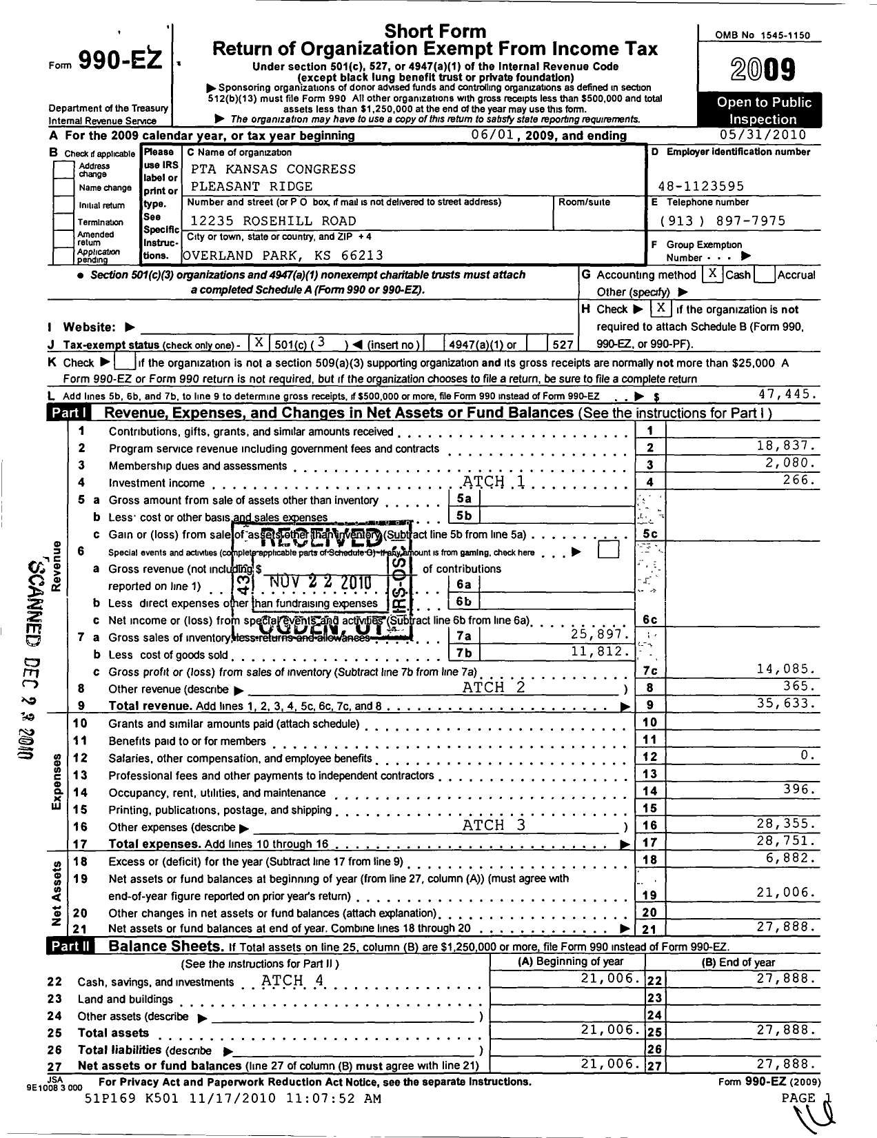 Image of first page of 2009 Form 990EZ for PTA Kansas Congress of Parents and Teachers / Pleasant Ridge Elementary PTA