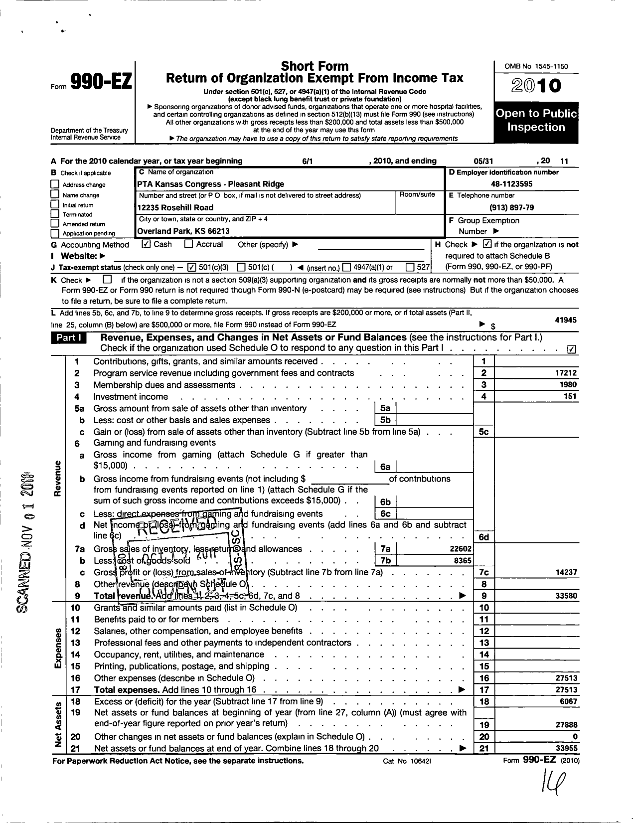 Image of first page of 2010 Form 990EZ for PTA Kansas Congress of Parents and Teachers / Pleasant Ridge Elementary PTA